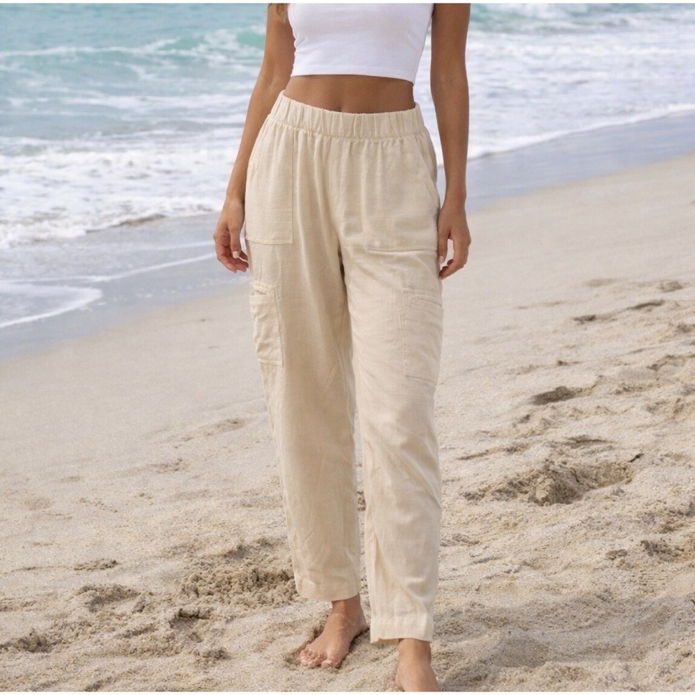 Soft Surroundings Linen Blend Pants XL/2X Pull On Cargo Beach Elastic Waist Tan